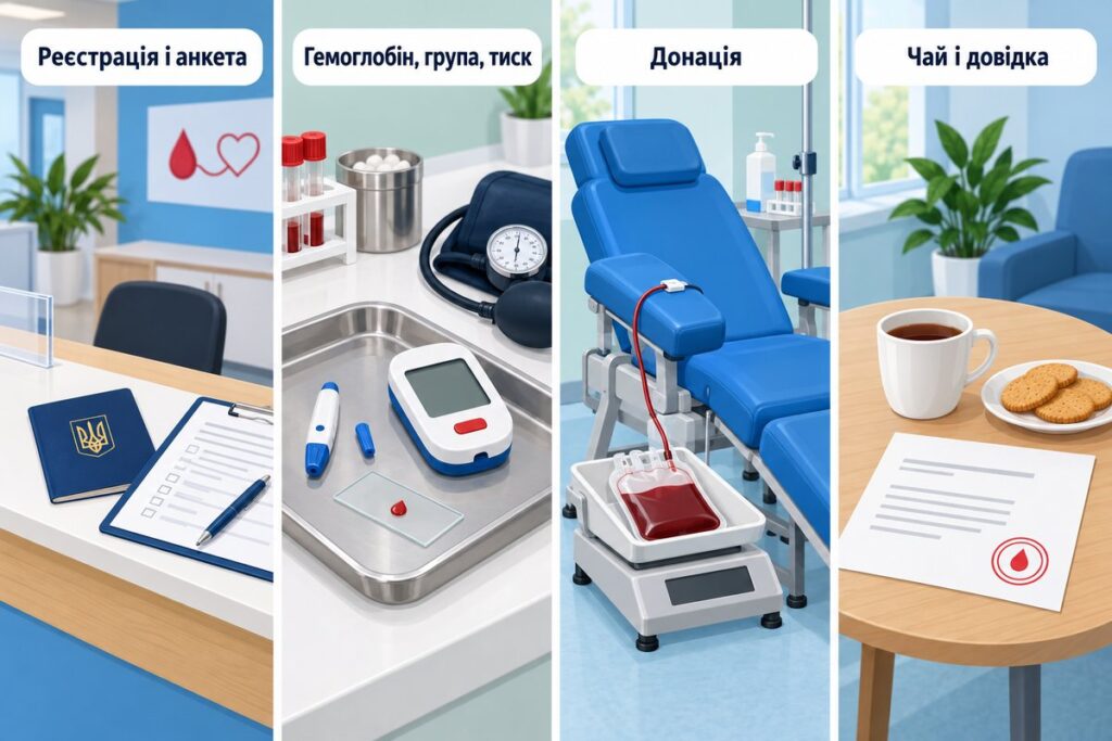 Чотири етапи візиту до центру крові: реєстрація і анкета, гемоглобін і тиск, донація, чай і довідка