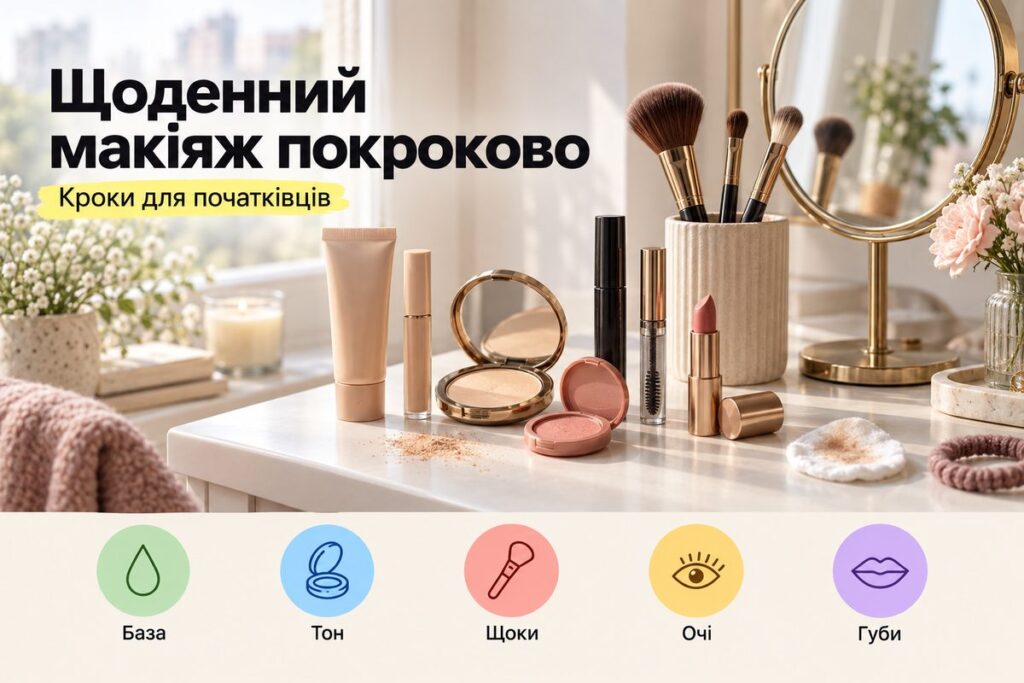 Щоденний макіяж покроково: 5 кроків для початківців Щоденний макіяж покроково: 5 кроків для початківців - обкладинка статті kiev-city.com.ua