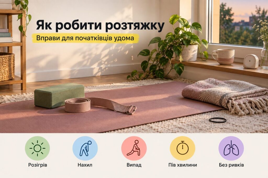 Як робити розтяжку: 5 вправ для початківців удома Як робити розтяжку: 5 вправ для початківців удома - обкладинка статті kiev-city.com.ua