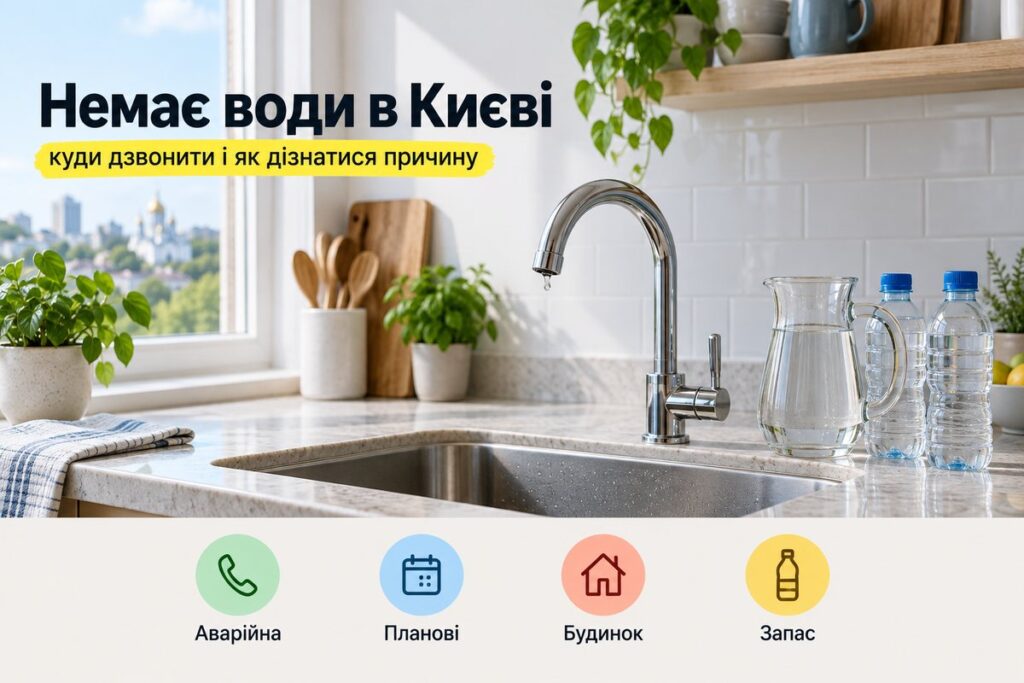 Кухонний кран без води і запас питної води на столі