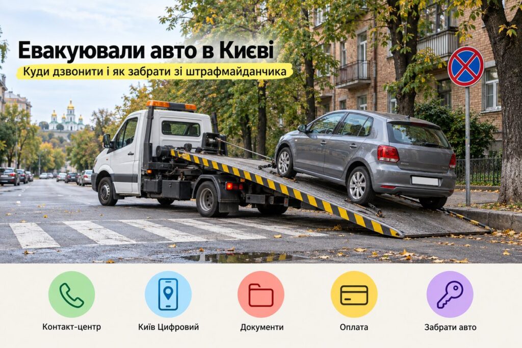 Евакуатор забирає авто з вулиці Києва: обкладинка статті про евакуацію і штрафмайданчики