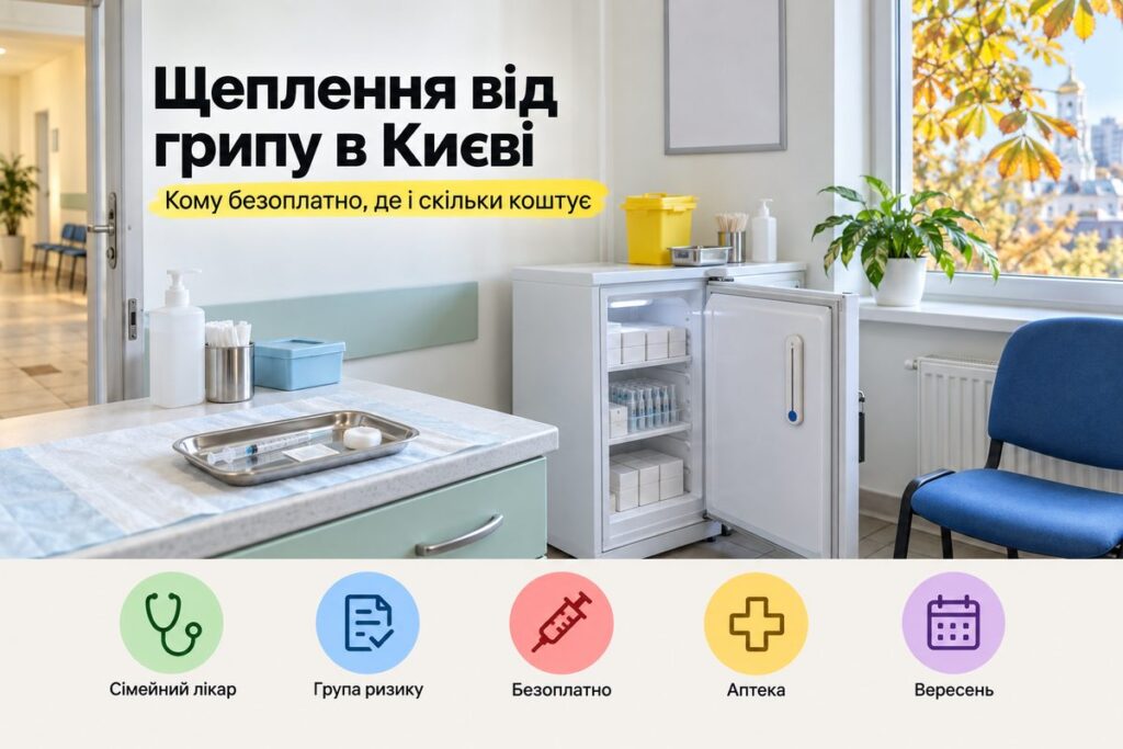 Щеплення від грипу в Києві 2026: кому безоплатно за міською програмою, скільки коштує в аптеці та клініках, коли робити Кабінет щеплень у київській поліклініці: обкладинка статті про щеплення від грипу в Києві 2026