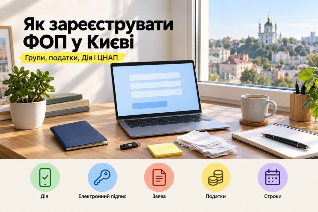 Робочий стіл з ноутбуком і паспортом: обкладинка статті про реєстрацію ФОП у Києві