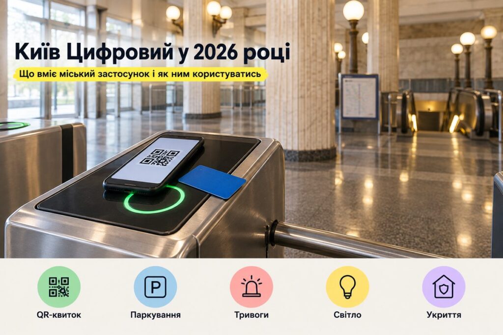 «Київ Цифровий» у 2026: що вміє застосунок і як ним користуватись щодня Смартфон із QR-квитком на валідаторі метро: обкладинка статті про застосунок Київ Цифровий