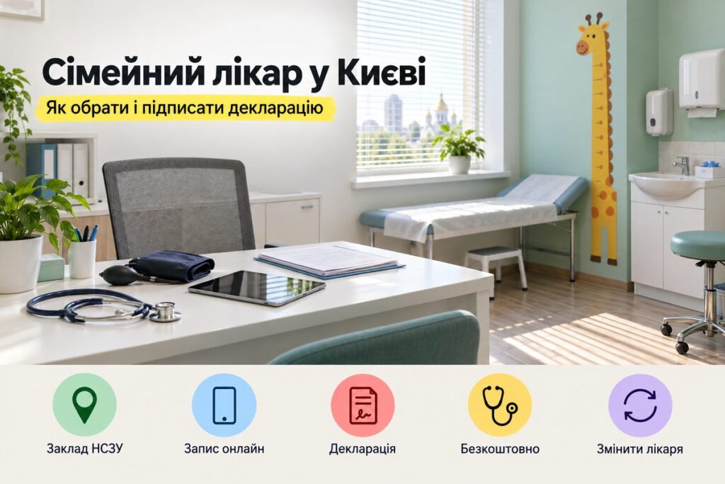 Сімейний лікар у Києві 2026: як підписати декларацію, що безкоштовно і як змінити лікаря Кабінет сімейного лікаря: обкладинка статті про декларацію з лікарем у Києві