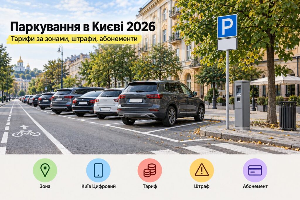 Платне паркування на вулиці Києва: обкладинка статті про тарифи, штрафи й абонементи 2026