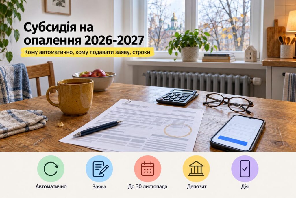 Квитанція, калькулятор і смартфон на кухонному столі: обкладинка статті про субсидію на опалювальний сезон 2026-2027