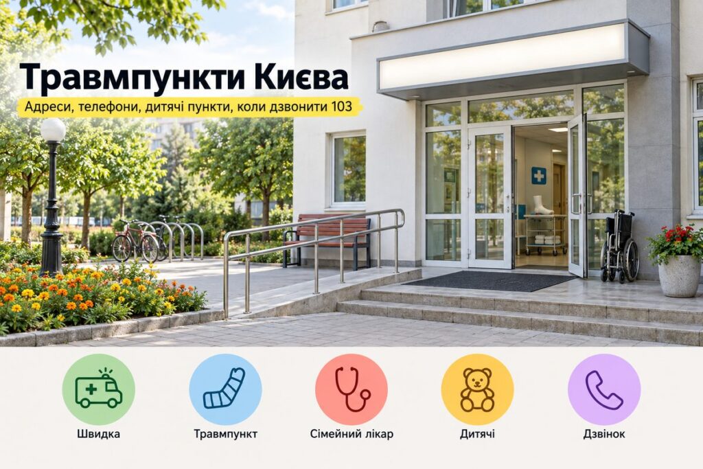 Травмпункти Києва 2026: адреси й телефони по районах, дитячі травмпункти, коли дзвонити 103 Вхід до травмпункту лікарні в Києві: обкладинка статті про травмпункти Києва