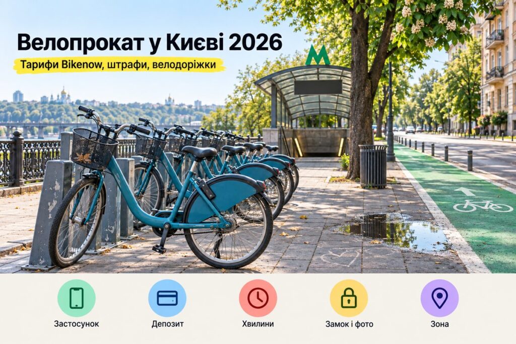 Велопрокат у Києві 2026: тарифи Bikenow, коли пакет вигідніший, штрафи і де їздити Велосипеди міського прокату біля входу в метро Києва: обкладинка статті про тарифи Bikenow 2026