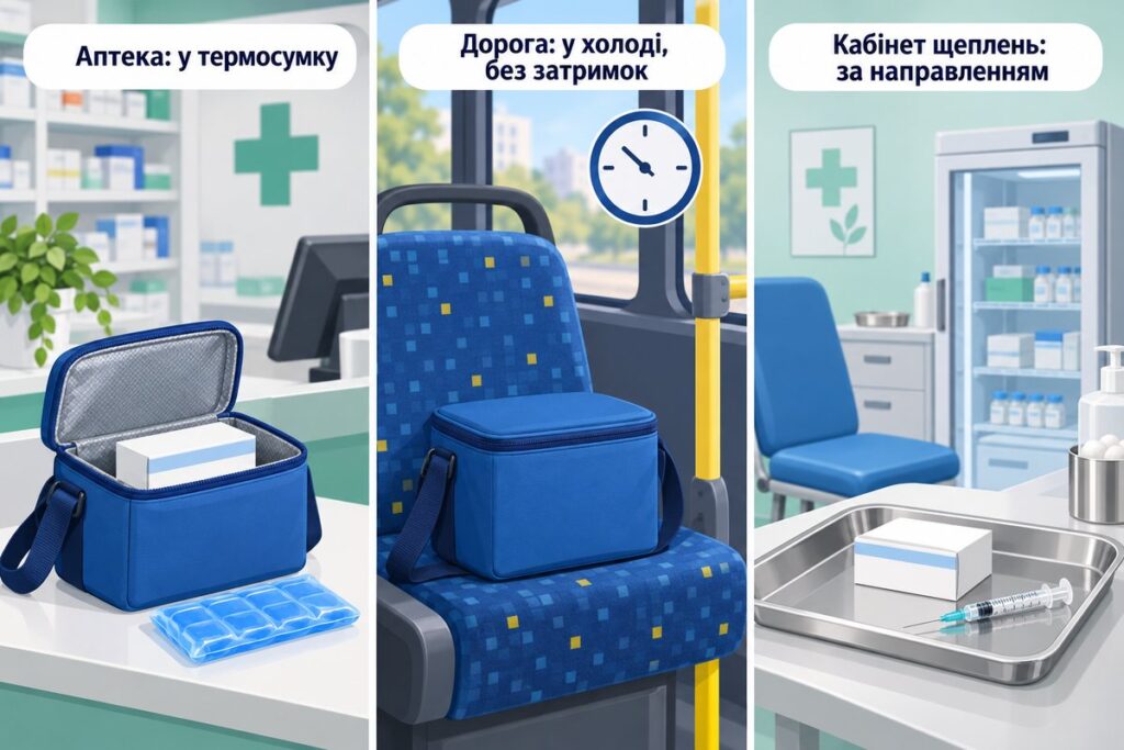 Три кроки: вакцина з аптеки в термосумці, дорога в холоді, кабінет щеплень за направленням