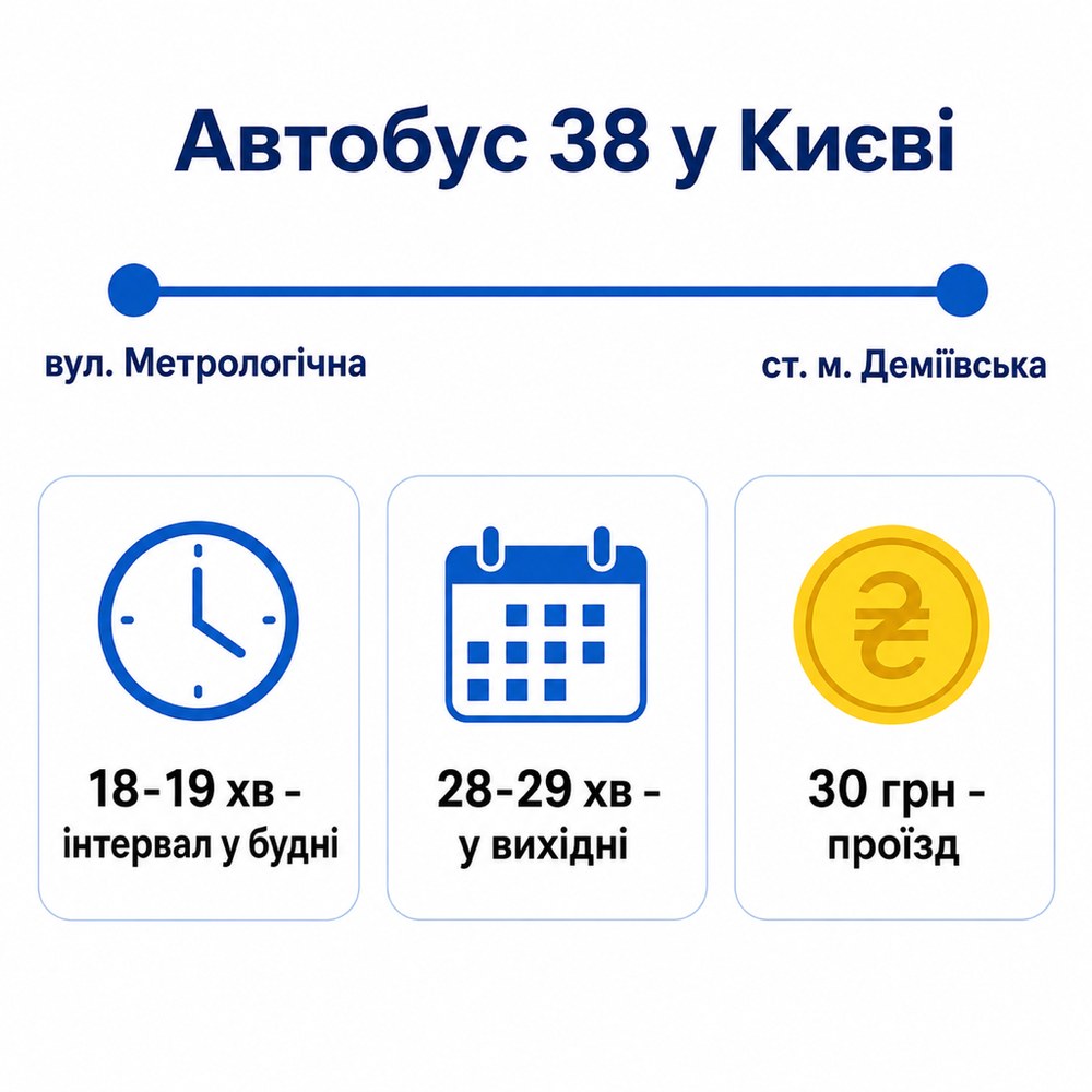 Автобус 38 у Києві: вул. Метрологічна - ст. м. Деміївська, інтервал 18-19 хв у будні, 28-29 хв у вихідні, проїзд 30 грн