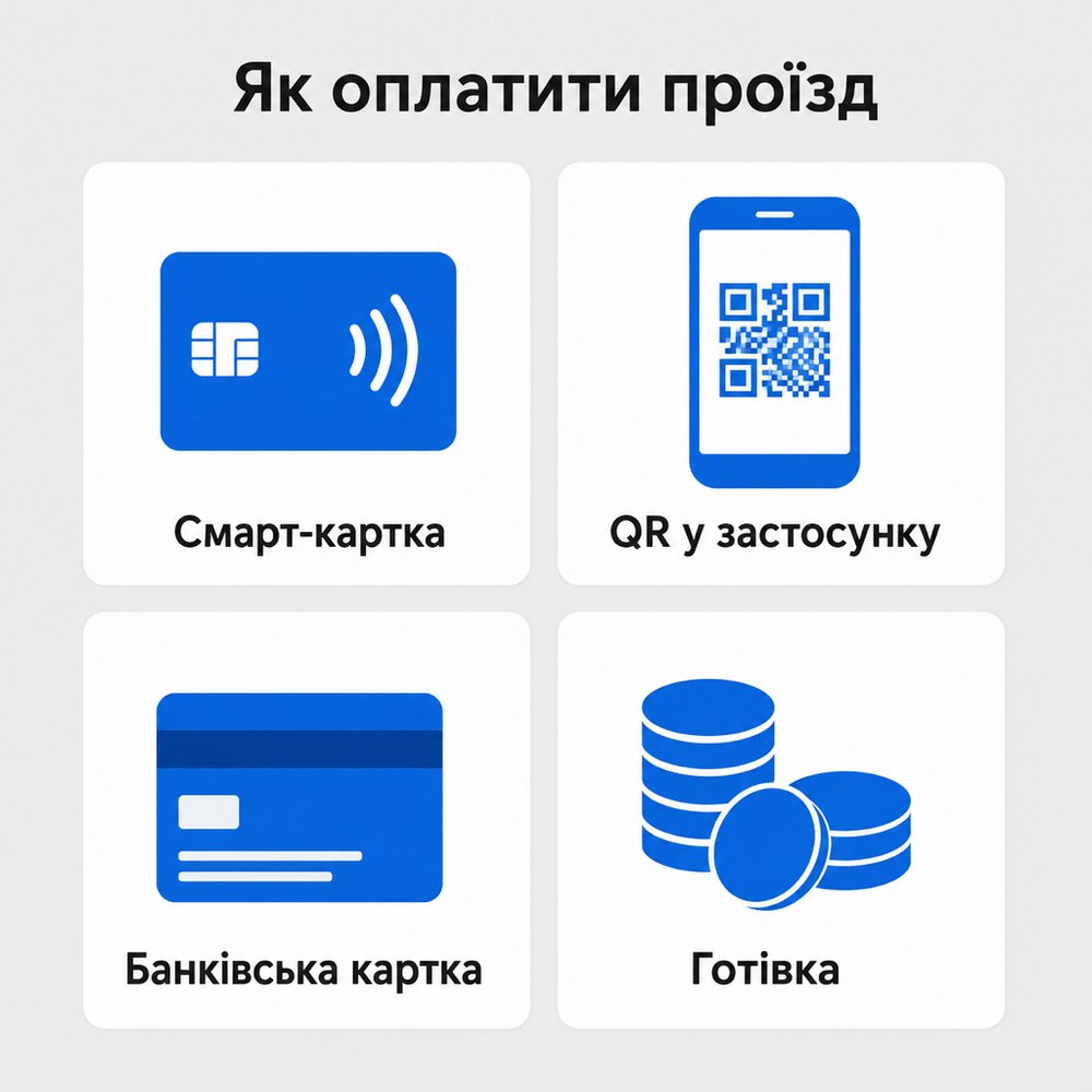 Способи оплати проїзду в Києві: смарт-картка, QR у застосунку, банківська картка, готівка