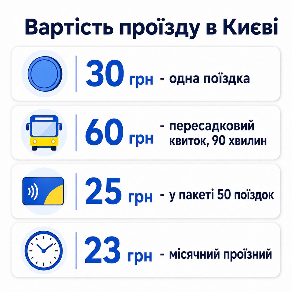 Вартість проїзду в Києві 2026: 30 грн одна поїздка, 60 грн пересадковий квиток, 25 грн у пакеті, 23 грн проїзний