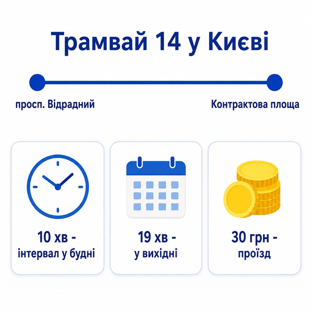 Трамвай 14 у Києві: просп. Відрадний - Контрактова площа, інтервал 10 хв у будні, 19 хв у вихідні, проїзд 30 грн