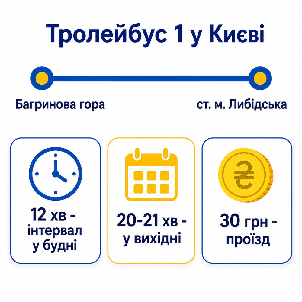Тролейбус 1 у Києві: Багринова гора - ст. м. Либідська, інтервал 12 хв у будні, 20-21 хв у вихідні, проїзд 30 грн