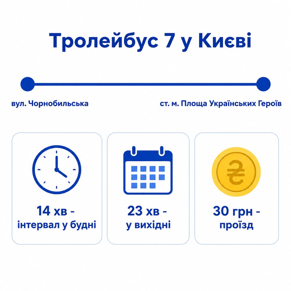 Тролейбус 7 у Києві: вул. Чорнобильська - ст. м. Площа Українських Героїв, інтервал 14 хв у будні, 23 хв у вихідні, проїзд 30 грн