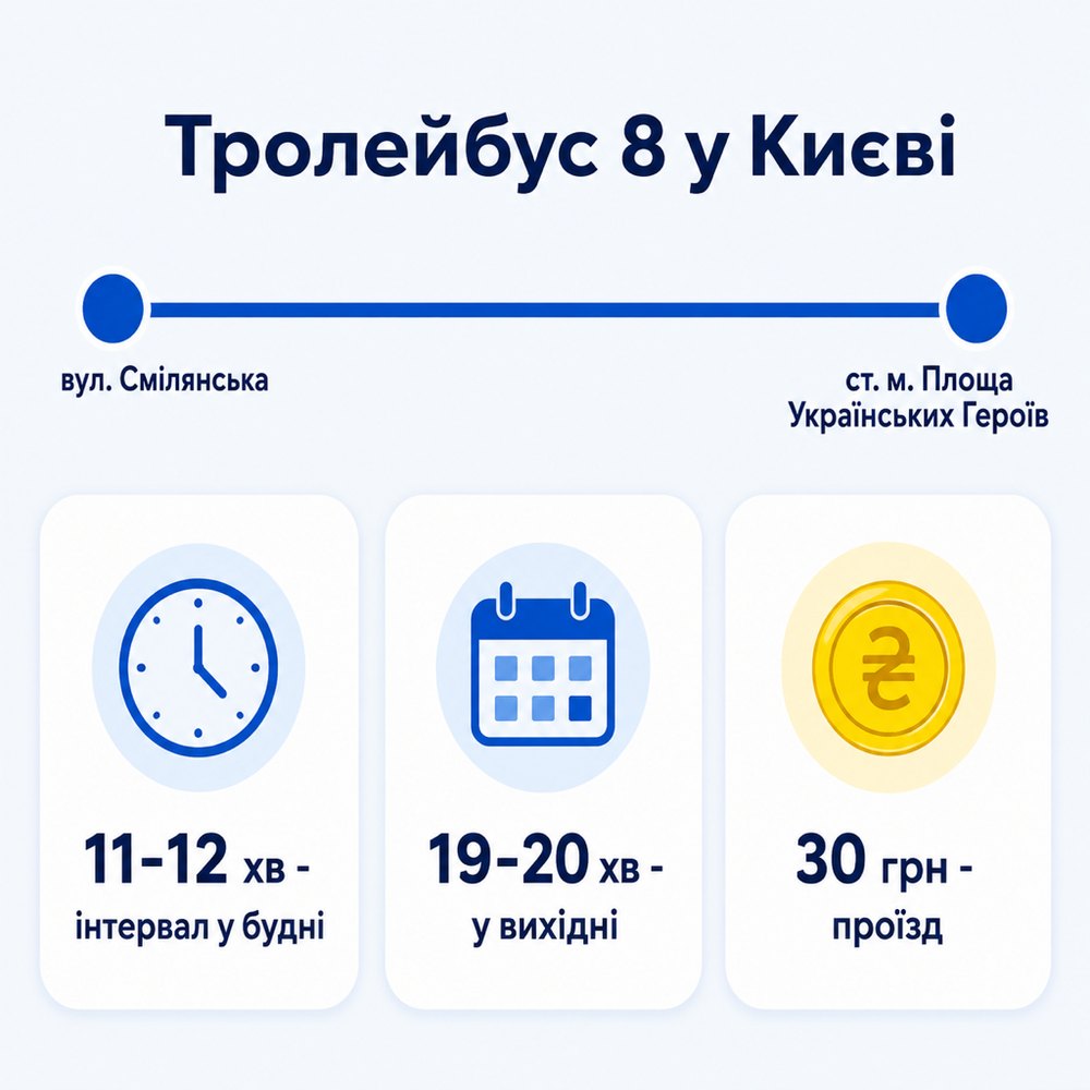 Тролейбус 8 у Києві: вул. Смілянська - ст. м. Площа Українських Героїв, інтервал 11-12 хв у будні, 19-20 хв у вихідні, проїзд 30 грн