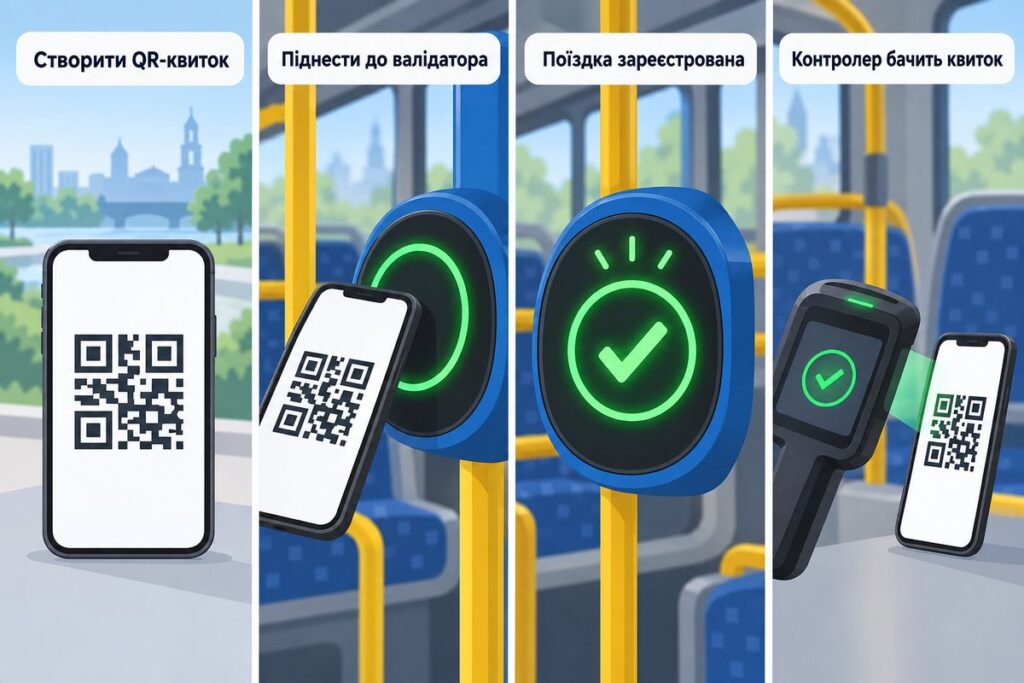 Як працює QR-квиток у Київ Цифровий: створити, піднести до валідатора, поїздка зареєстрована, контролер бачить квиток
