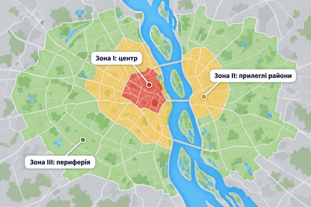 Схема трьох зон платного паркування Києва: центр, прилеглі райони, периферія