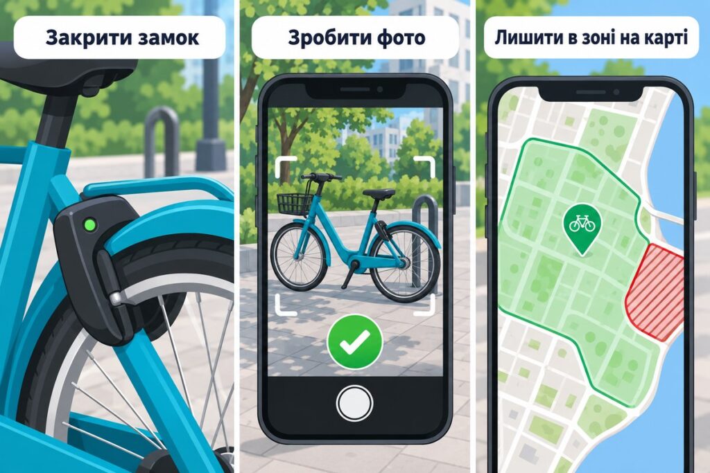 Три кроки правильного завершення оренди Bikenow: закрити замок, зробити фото, лишити велосипед у зоні на карті