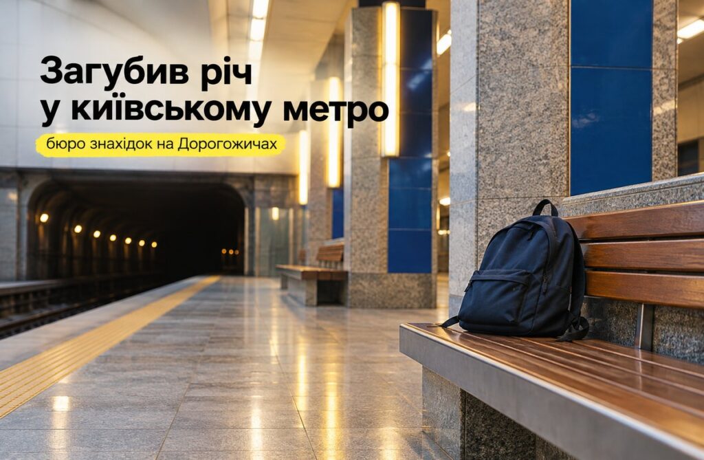 Загубив річ у київському метро: бюро знахідок Забутий рюкзак на лавці порожньої платформи київського метро, тунель на задньому плані