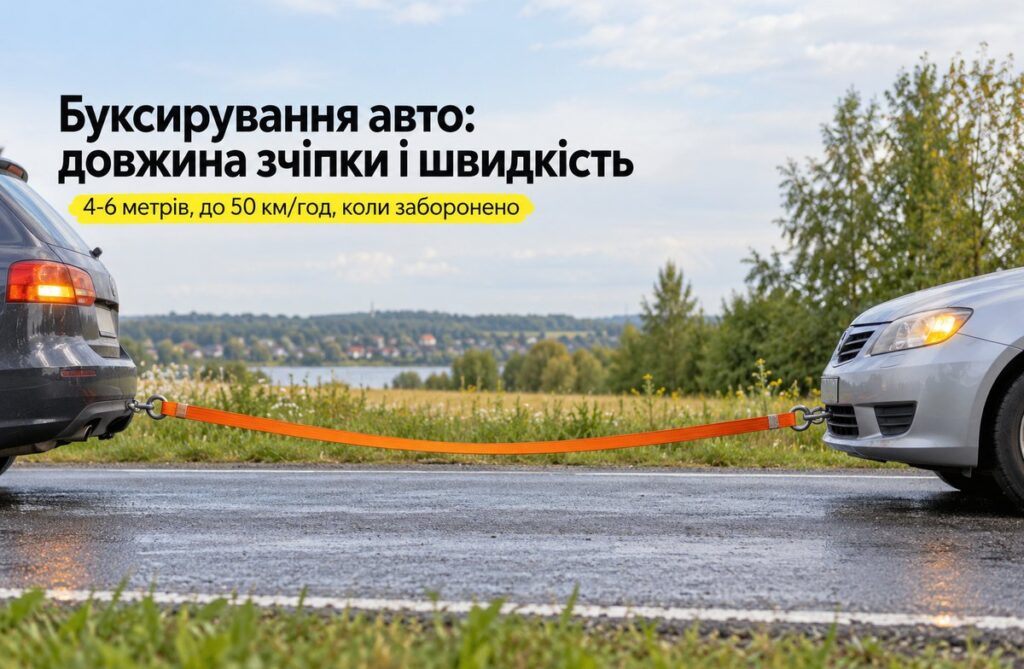 Буксирування авто: довжина зчіпки, швидкість і заборони Помаранчевий буксирувальний трос між двома автомобілями на мокрій дорозі, увімкнена аварійна сигналізація