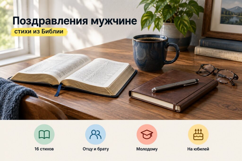 Открытая Библия, блокнот с ручкой, кружка кофе и очки на рабочем столе