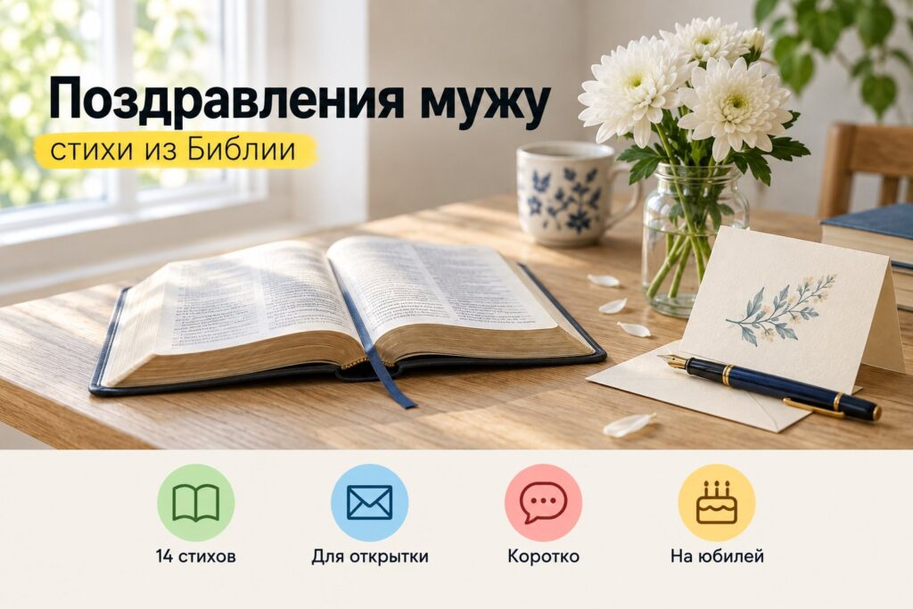 Открытая Библия, поздравительная открытка и перьевая ручка на столе