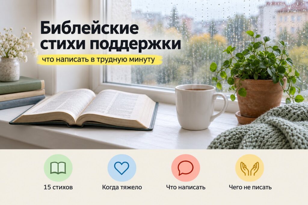 Открытая Библия, чашка чая и растение на подоконнике в дождливый день