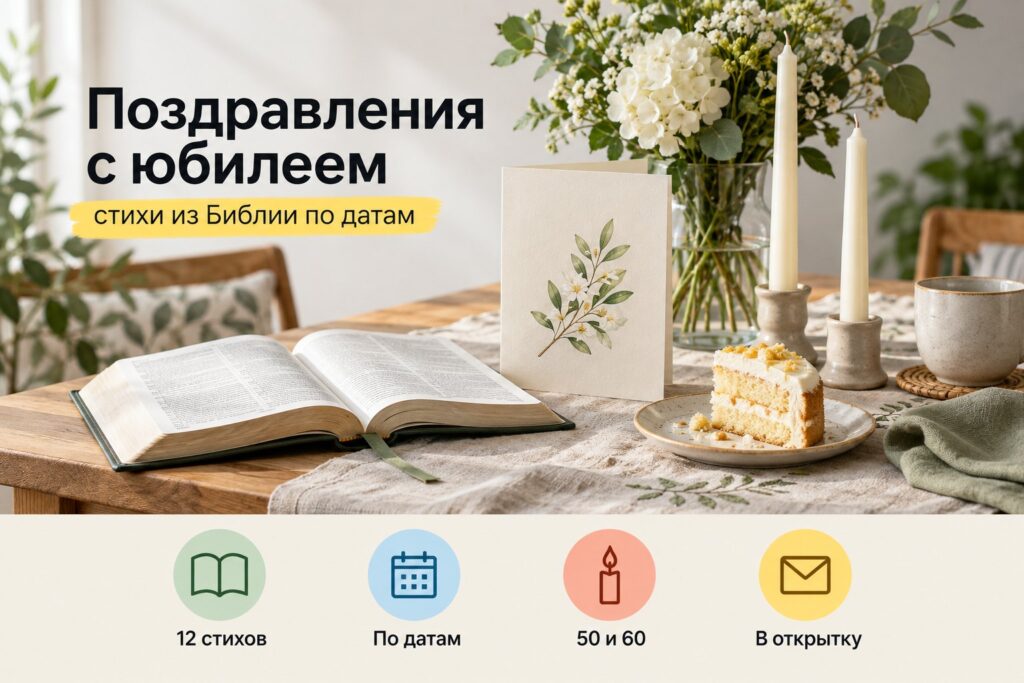 Христианские поздравления с юбилеем: стихи из Библии по датам Открытая Библия, открытка, свечи и кусок торта на праздничном столе