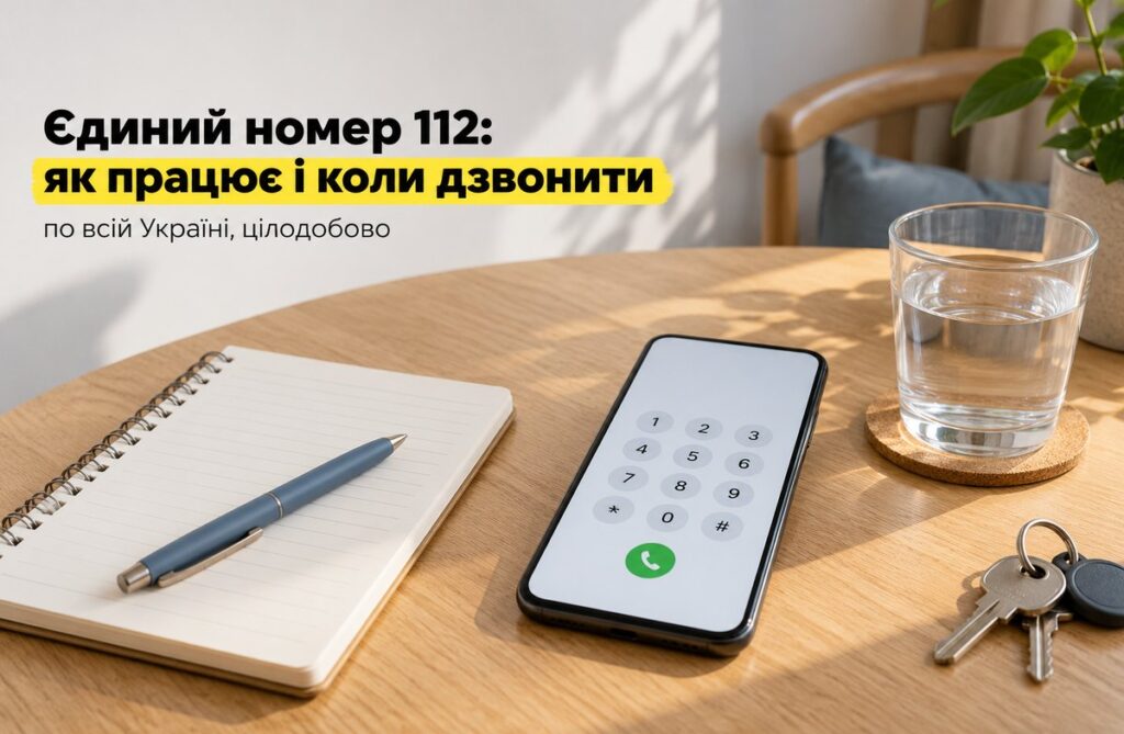 Єдиний номер 112: як працює і коли дзвонити Телефон із відкритою клавіатурою набору на столі, поруч блокнот, ручка, склянка води і ключі