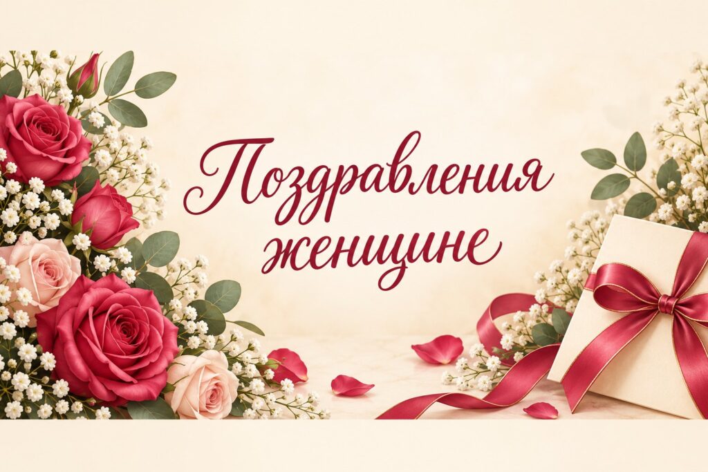 Листівка з трояндами і подарунком та написом «Поздравления женщине»