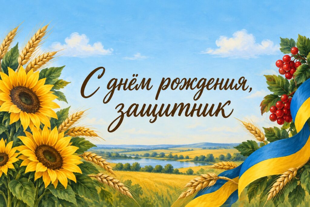 Поздравление с днем рождения военному своими словами Листівка з соняшниками, пшеницею і синьо-жовтою стрічкою та написом «С днём рождения, защитник»