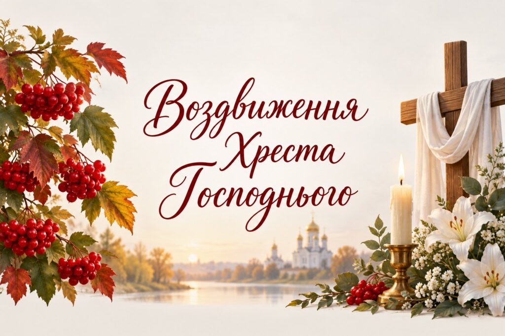 Поздравления с Воздвижением Креста Господня 2026: слова и картинки Листівка з калиною, хрестом і свічкою та написом про Воздвиження