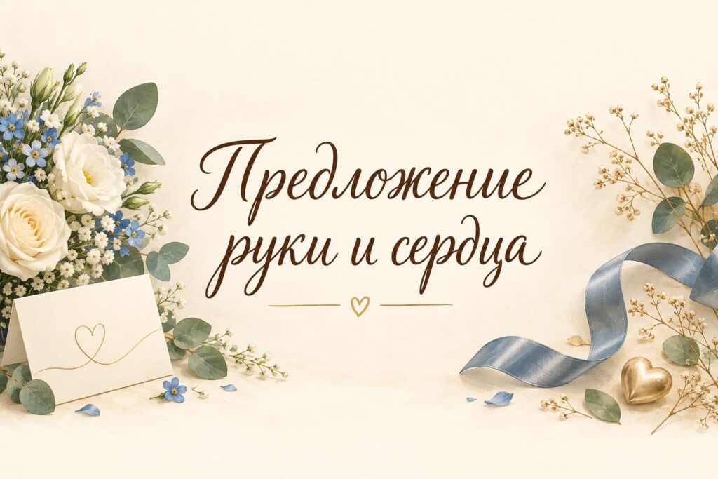 Ілюстрована листівка з написом «Предложение руки и сердца»