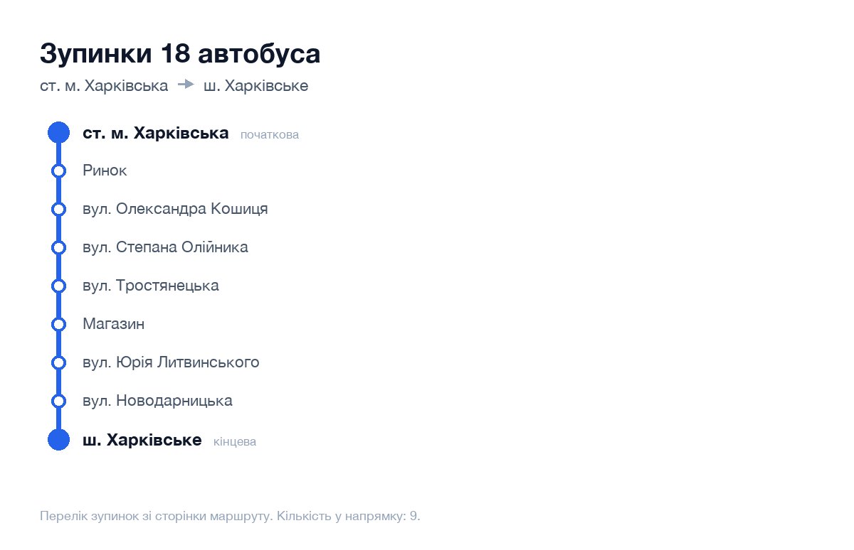 Зупинки 18 автобуса у Києві по порядку: від ст. м. Харківська до ш. Харківське