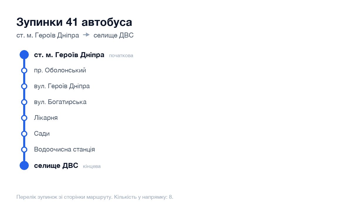 Зупинки 41 автобуса у Києві по порядку: від ст. м. Героїв Дніпра до селище ДВС