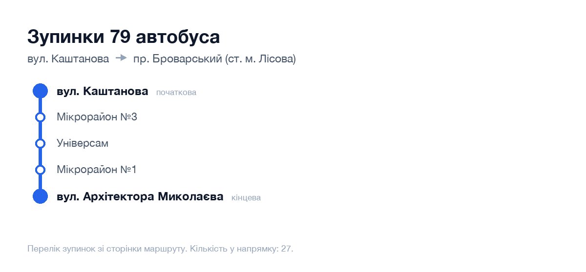 Зупинки 79 автобуса у Києві по порядку: від вул. Каштанова до пр. Броварський (ст. м. Лісова)