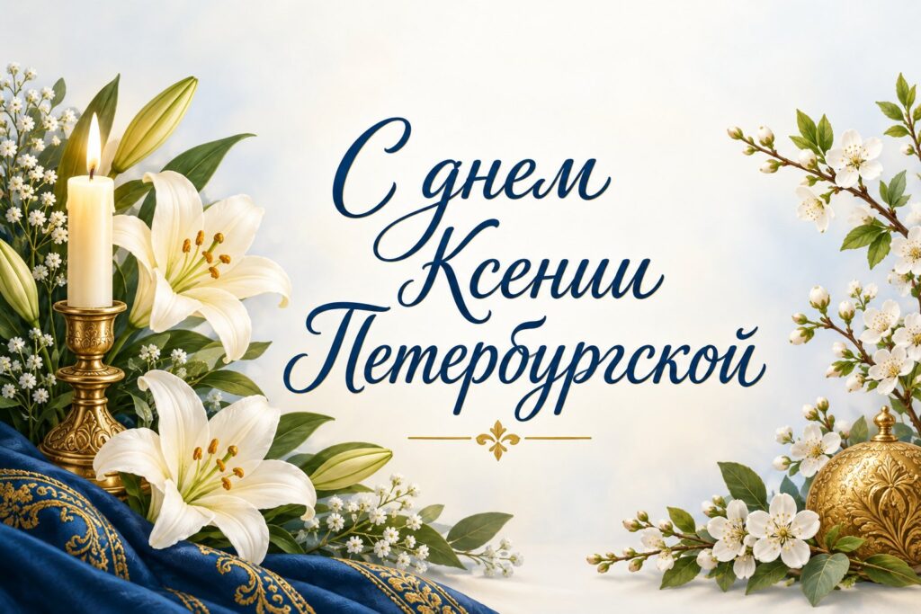 Листівка з ліліями, свічкою у свічнику і квітучою гілкою