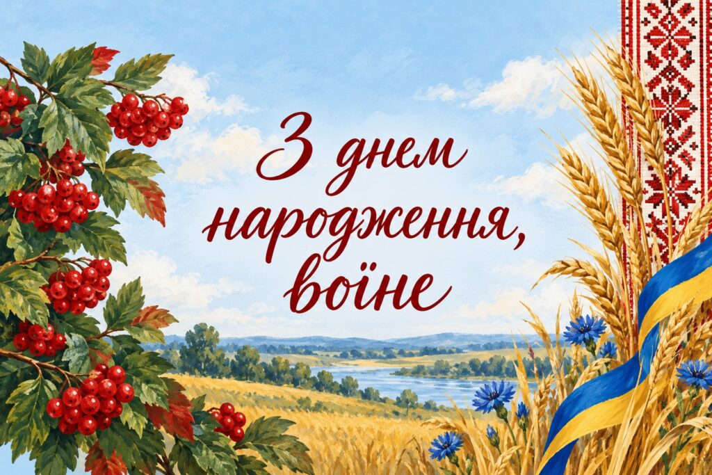 Листівка з калиною, вишиванковим орнаментом і пшеницею та написом «З днем народження, воїне»