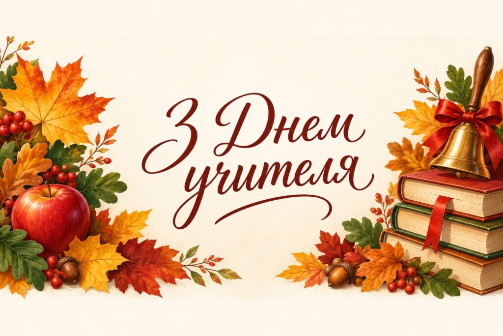 Листівка з осіннім листям, яблуком і стосом книжок та написом «З Днем учителя»
