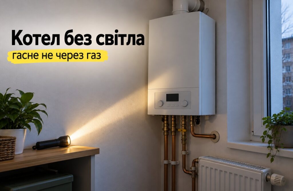 Котел не працює без світла: чому гасне опалення і що з цим зробити Настінний газовий котел із погаслим дисплеєм, промінь ручного ліхтаря на стіні, мідні труби і холодний радіатор