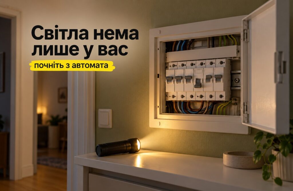 Немає світла лише у вашій квартирі: як відрізнити свій автомат від аварії Відкритий електрощиток у квартирі з рядом автоматів, нижче на полиці лежить увімкнений ручний ліхтар