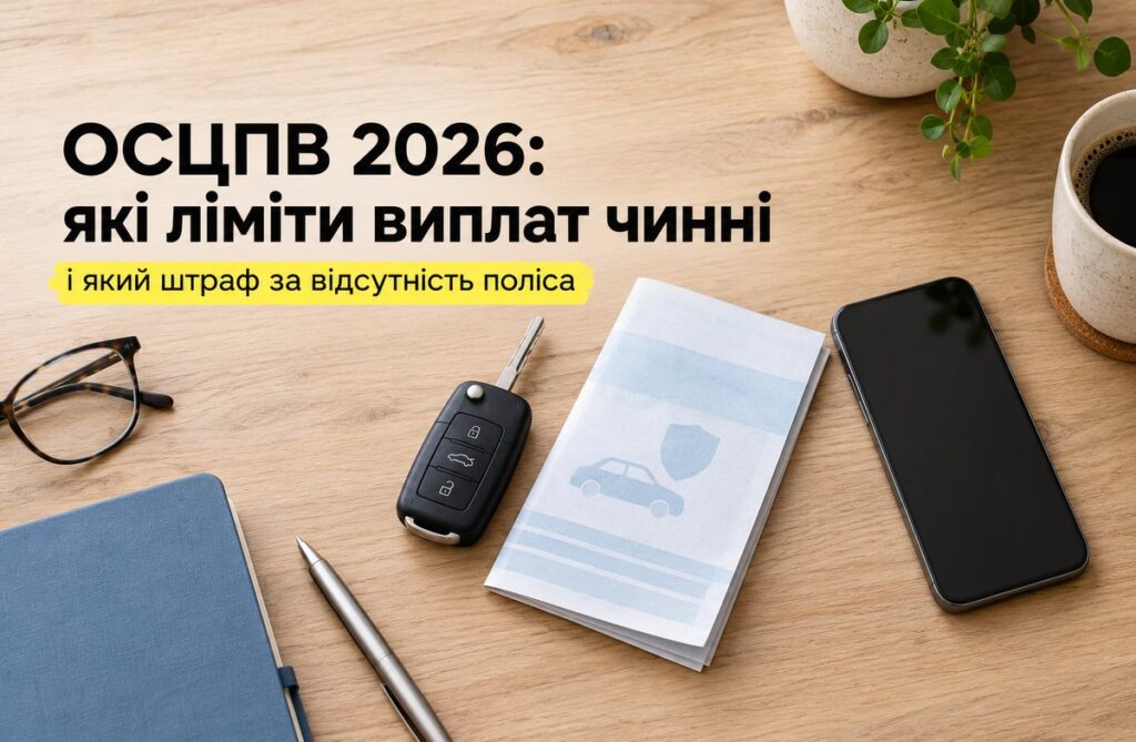 Ключ від авто, складений страховий поліс і телефон на деревʼяному столі, поруч окуляри й блокнот
