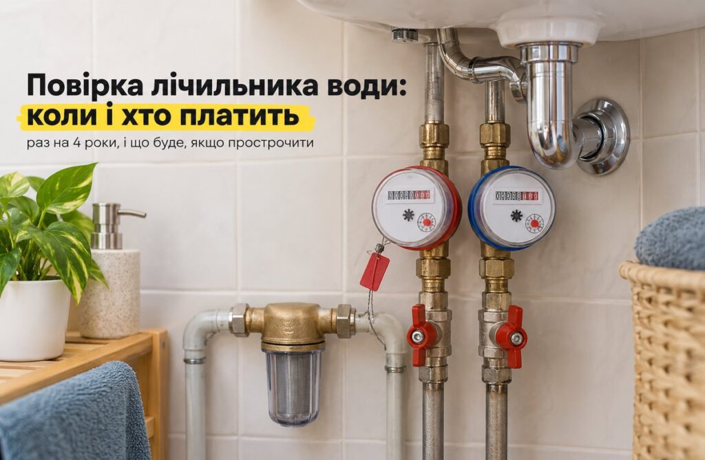Два лічильники води на трубах під раковиною з запірними кранами і фільтром грубої очистки