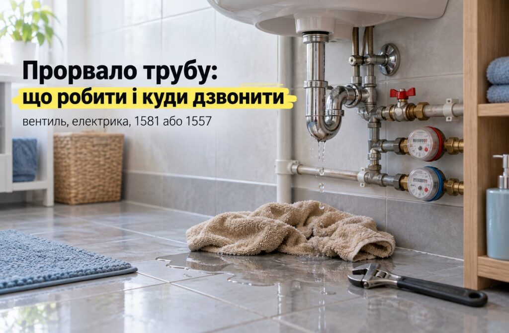 Труби з лічильниками води під раковиною, калюжа на кахлі, кинутий рушник і розвідний ключ