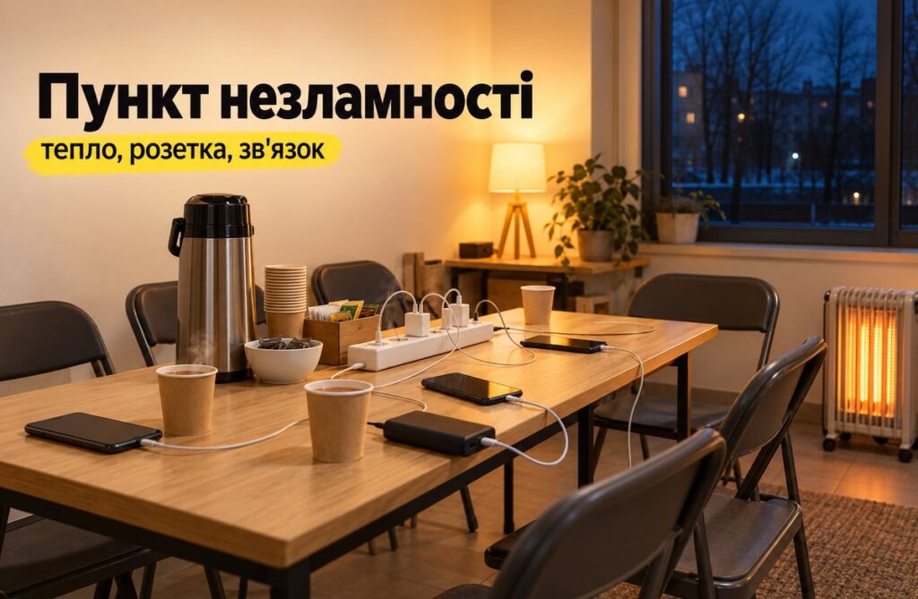 Пункт незламності в Києві: як знайти найближчий і що там можна Стіл у пункті незламності: термос, паперові стаканчики, подовжувач із зарядками для телефонів і павербанка, поряд обігрівач