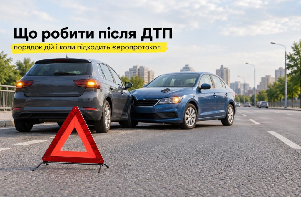 Знак аварійної зупинки на дорозі, позаду два автомобілі з незначними пошкодженнями і увімкненою аварійкою