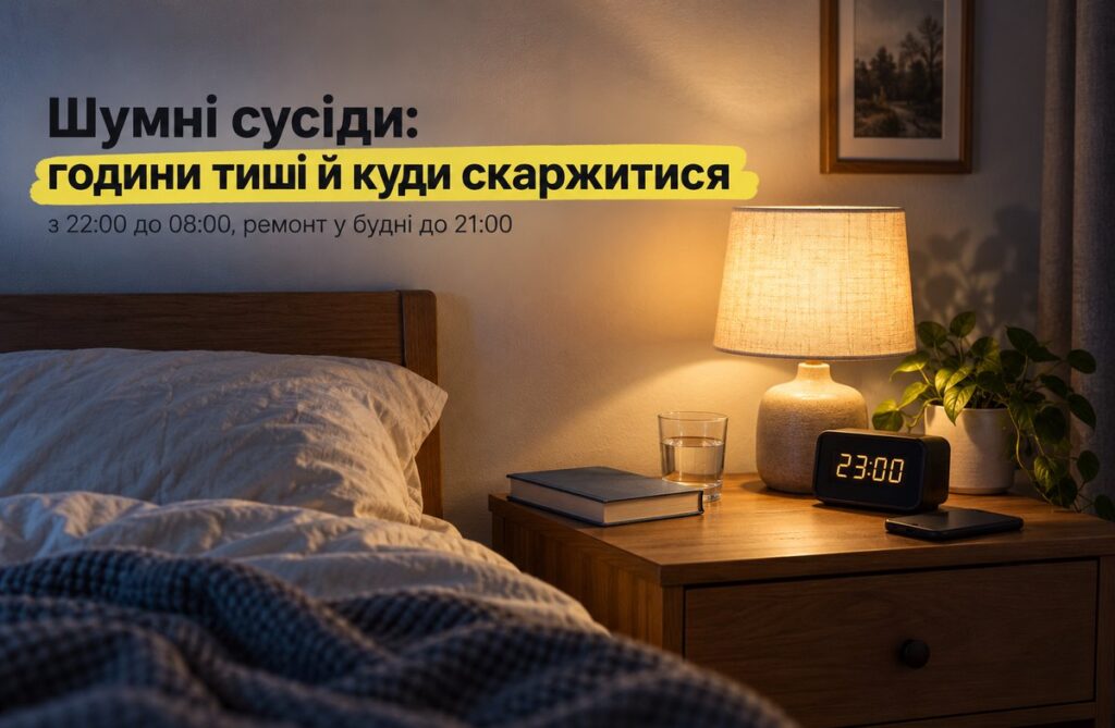 Нічний столик із годинником, що показує 23:00, увімкнена лампа, книга і склянка води біля ліжка