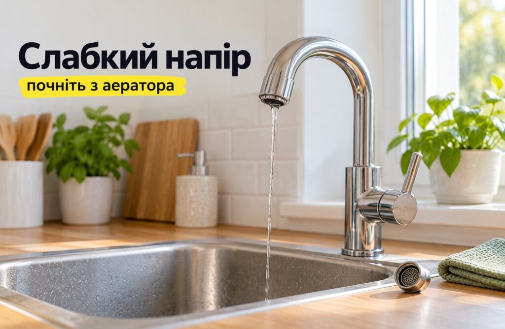 Кухонний змішувач дає тонкий слабкий струмінь води, поруч на стільниці лежить відкручений аератор